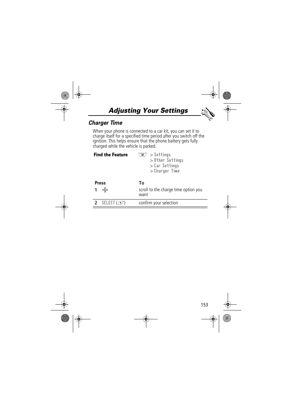 Adjusting your settings, Charger time | Motorola TimePort 280 User Manual | Page 153 / 188