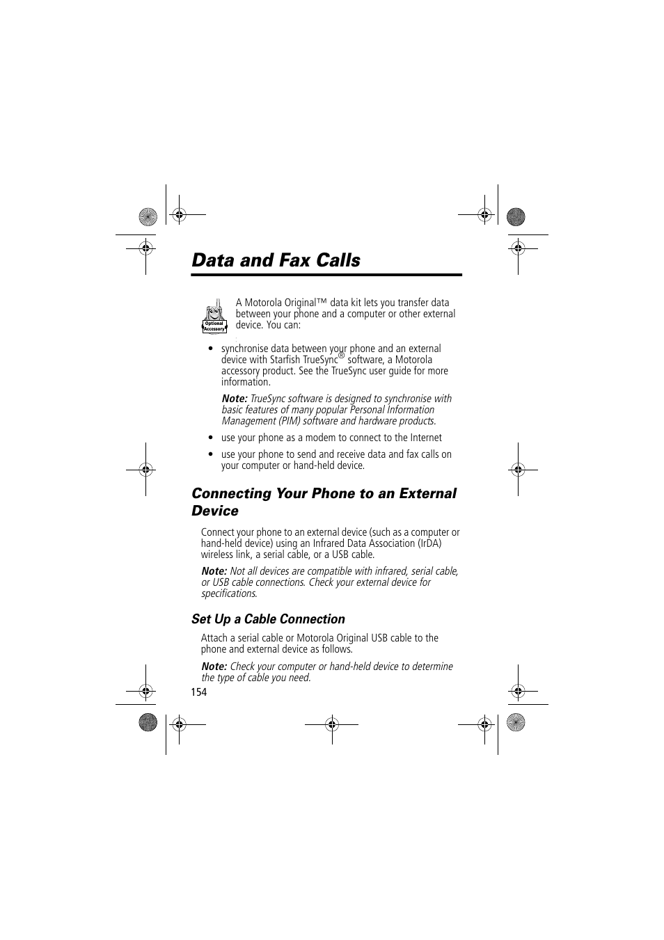 Data and fax calls, Connecting your phone to an external device, Set up a cable connection | Motorola TimePort 280 User Manual | Page 154 / 188