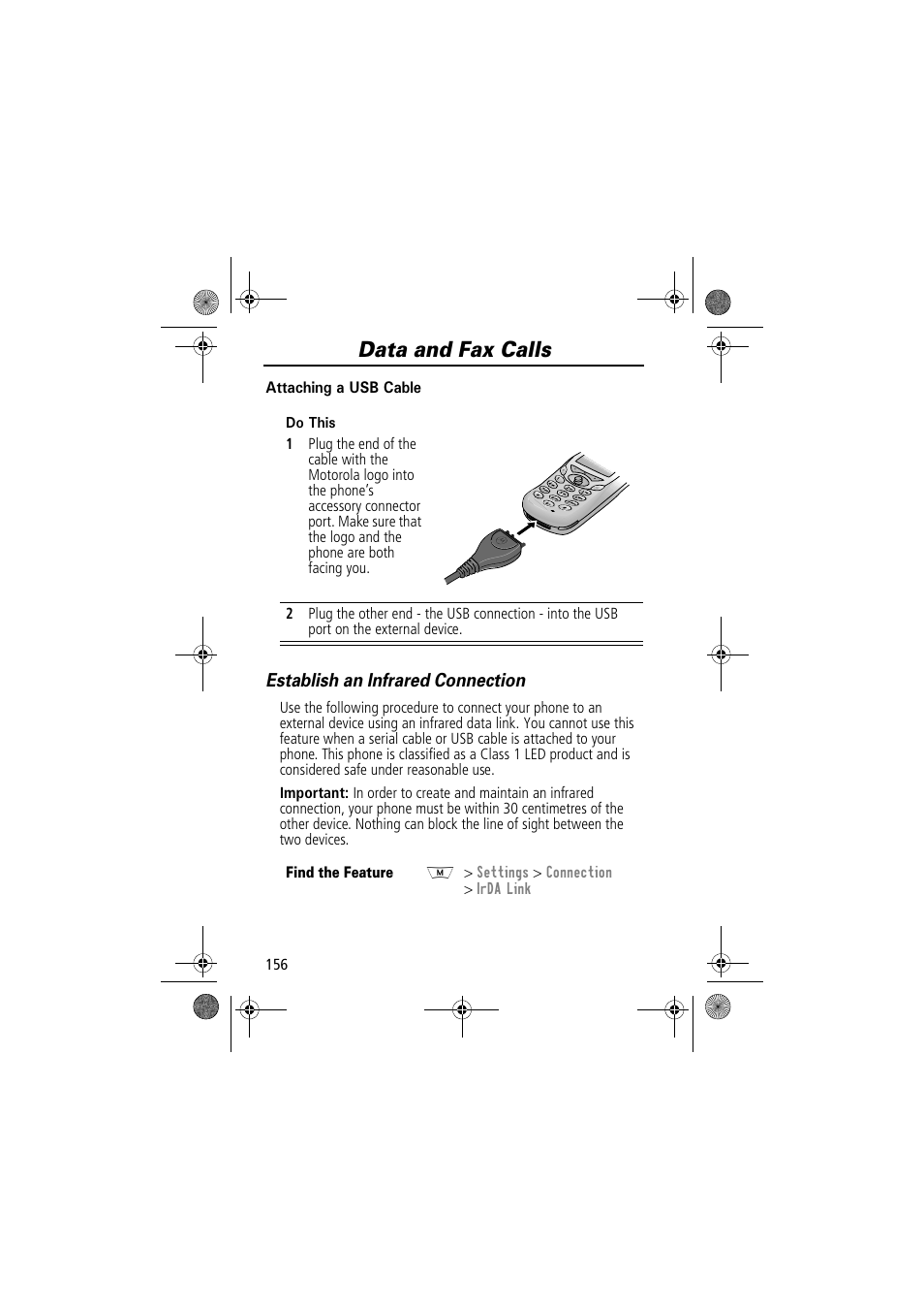 Data and fax calls, Establish an infrared connection | Motorola TimePort 280 User Manual | Page 156 / 188