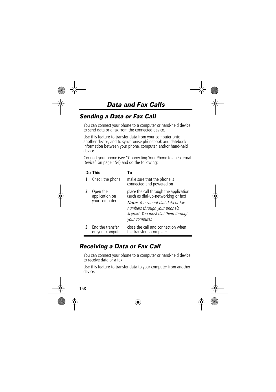 Data and fax calls, Sending a data or fax call, Receiving a data or fax call | Motorola TimePort 280 User Manual | Page 158 / 188