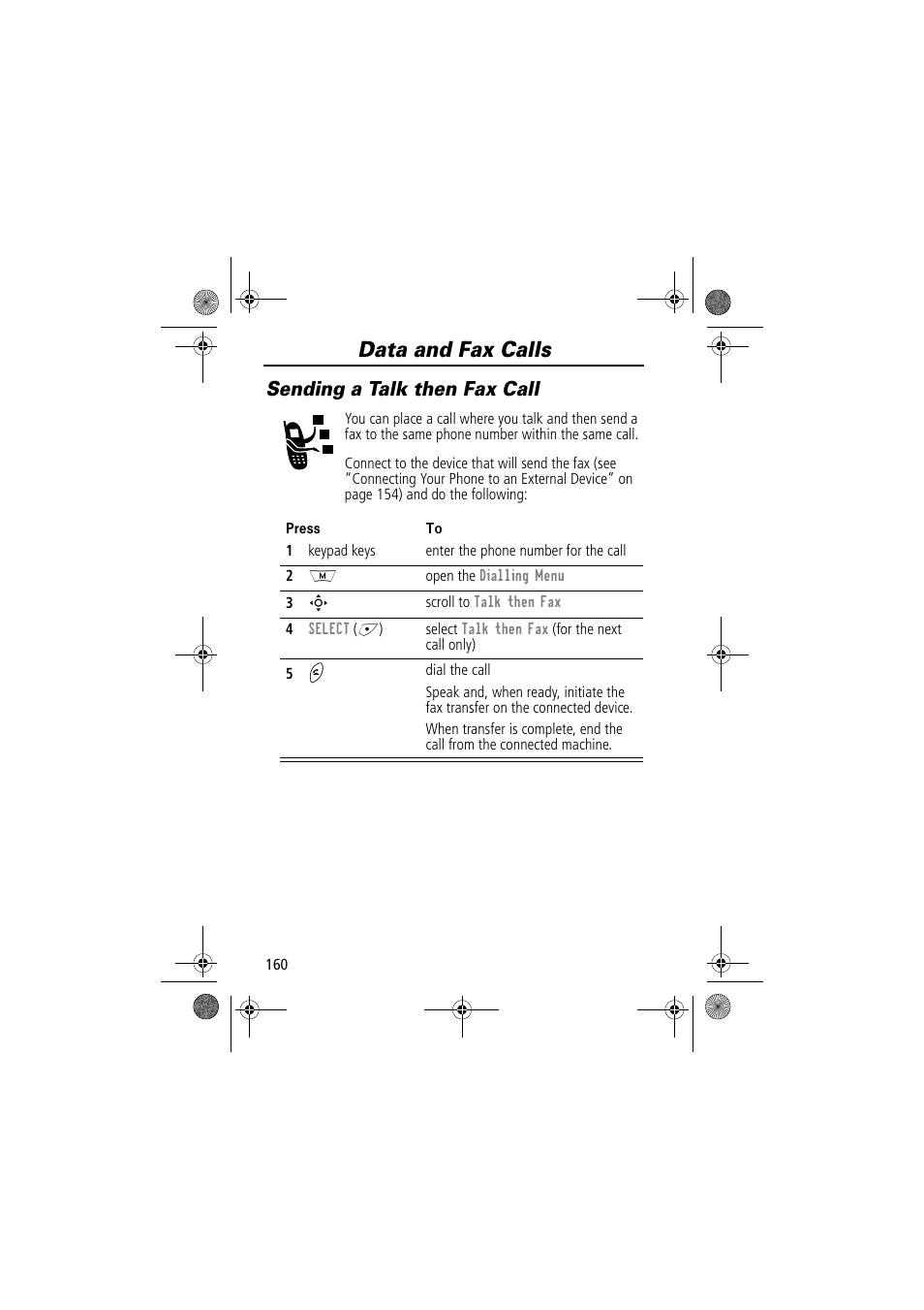 Data and fax calls, Sending a talk then fax call | Motorola TimePort 280 User Manual | Page 160 / 188
