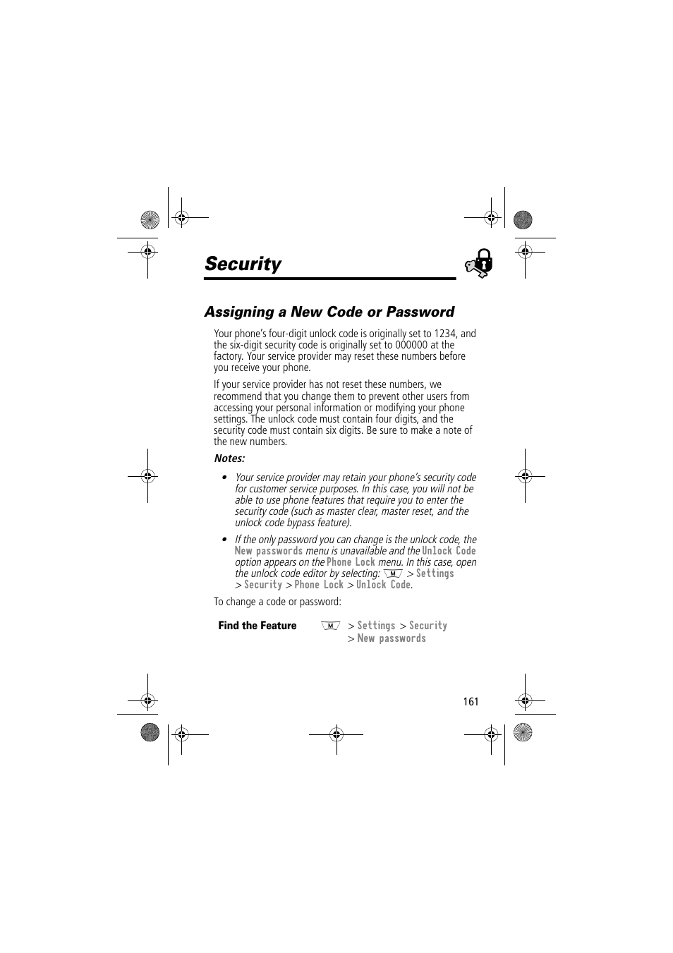 Security, Assigning a new code or password | Motorola TimePort 280 User Manual | Page 161 / 188