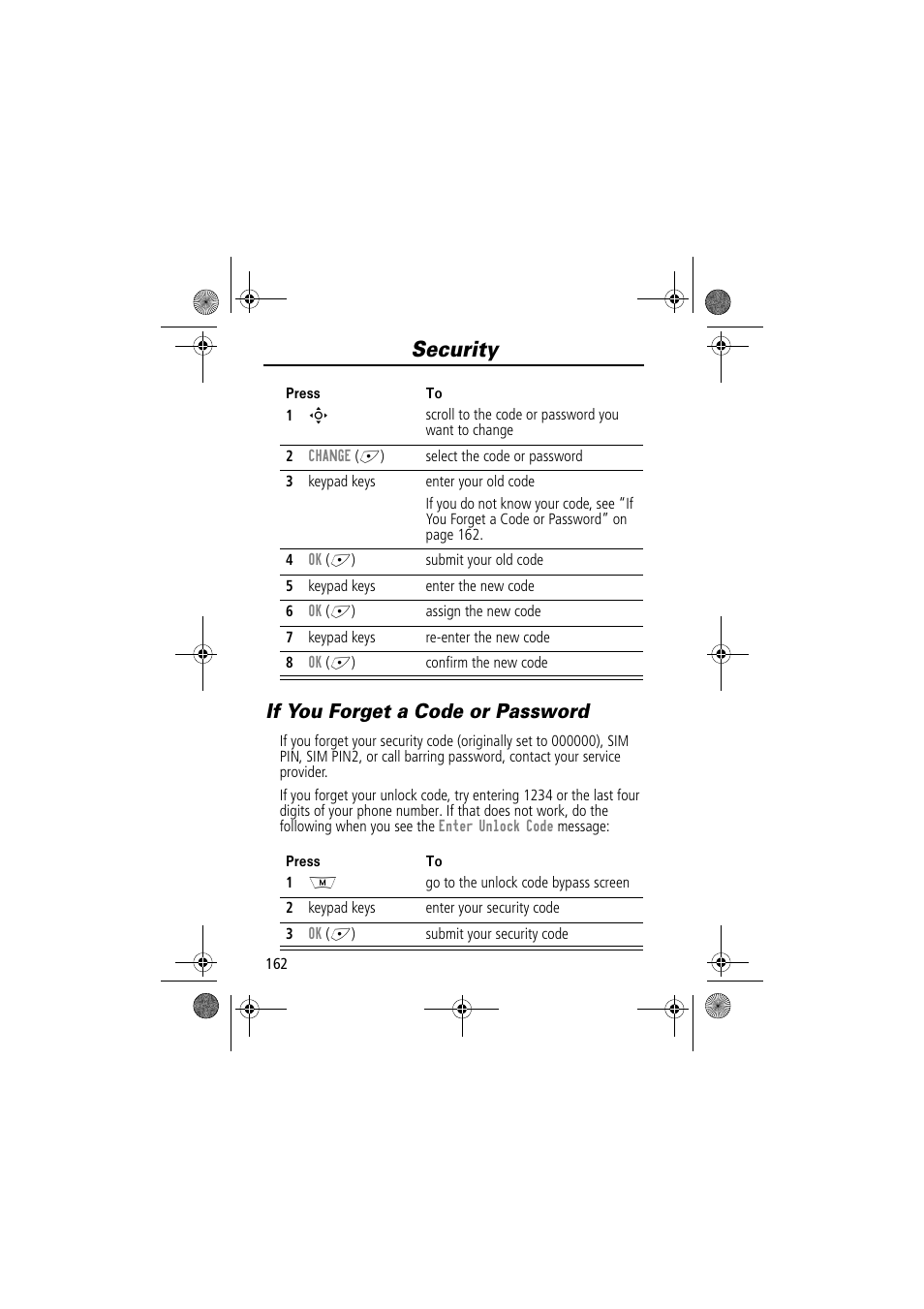 Security, If you forget a code or password | Motorola TimePort 280 User Manual | Page 162 / 188