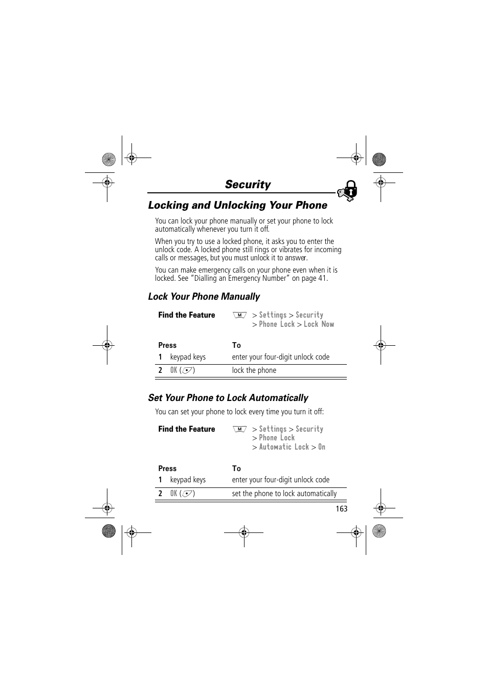 Security, Locking and unlocking your phone | Motorola TimePort 280 User Manual | Page 163 / 188