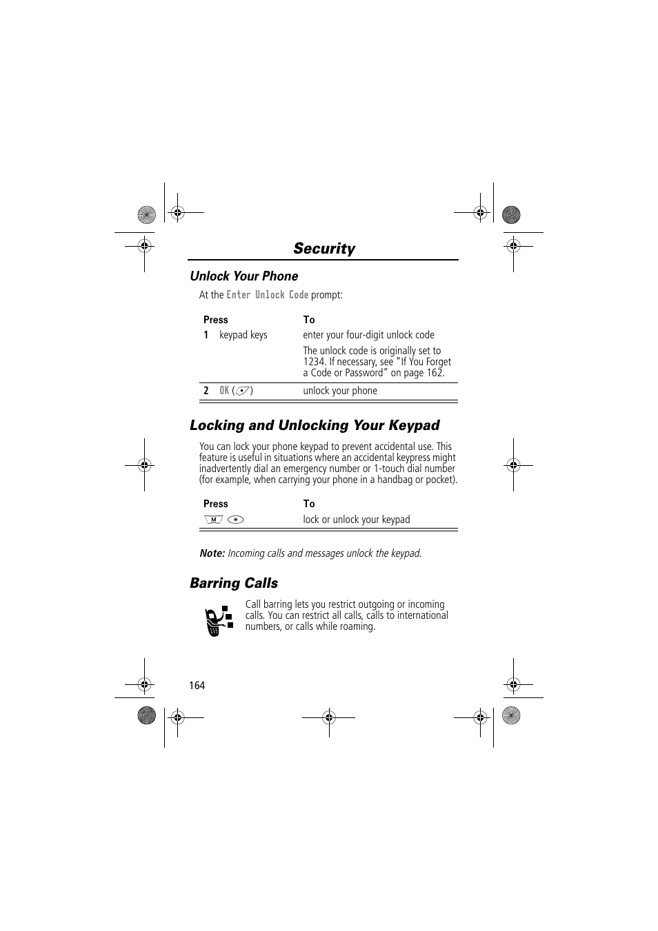 Security, Locking and unlocking your keypad, Barring calls | Motorola TimePort 280 User Manual | Page 164 / 188