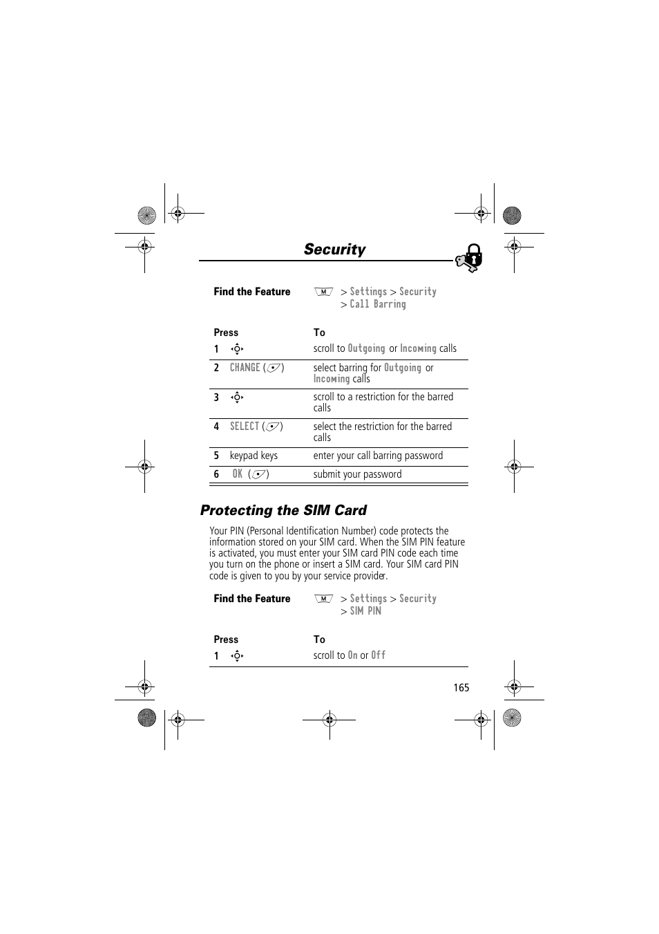 Security, Protecting the sim card | Motorola TimePort 280 User Manual | Page 165 / 188