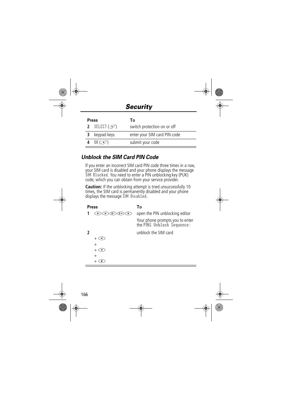 Security, Unblock the sim card pin code | Motorola TimePort 280 User Manual | Page 166 / 188