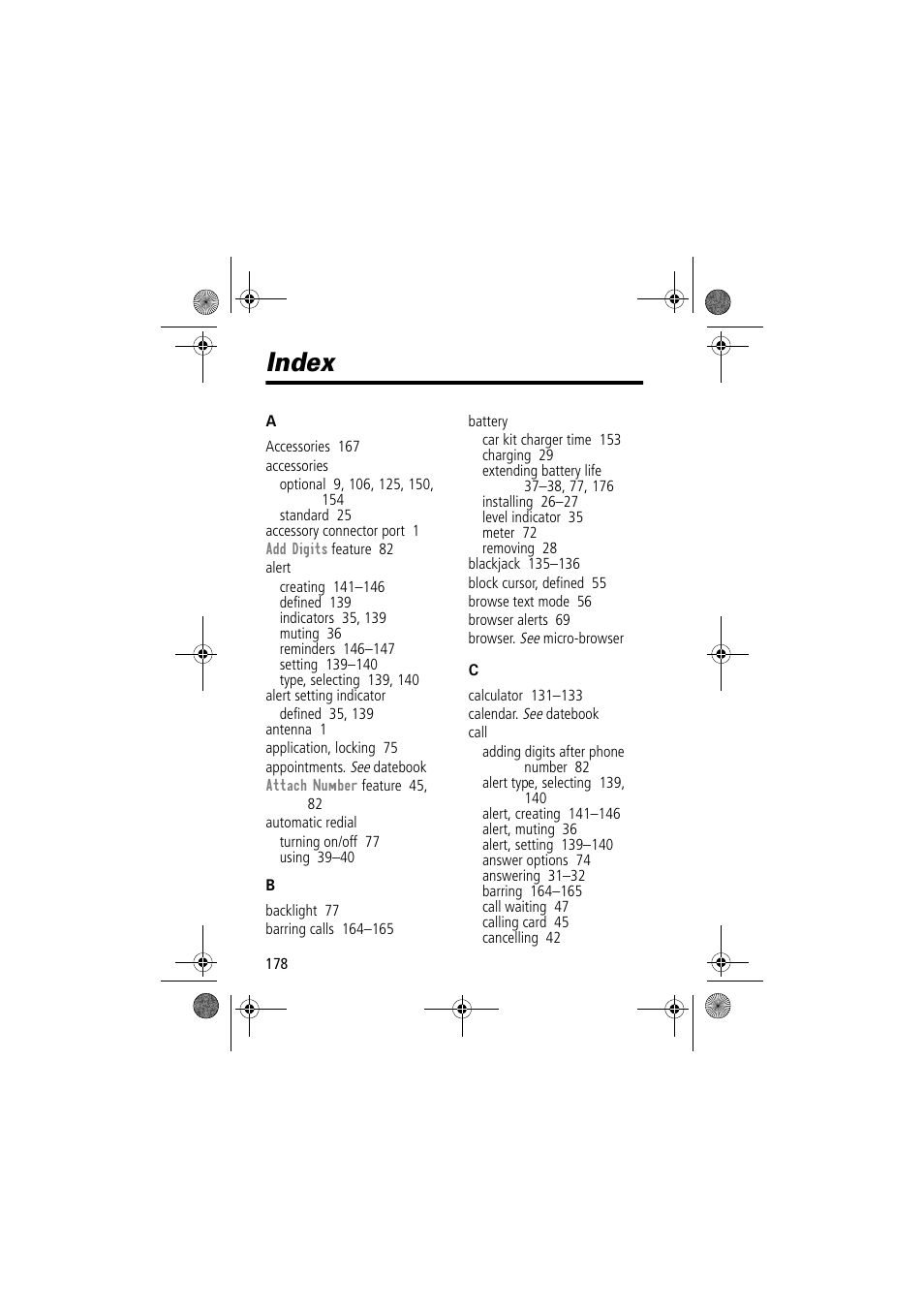 Index | Motorola TimePort 280 User Manual | Page 178 / 188