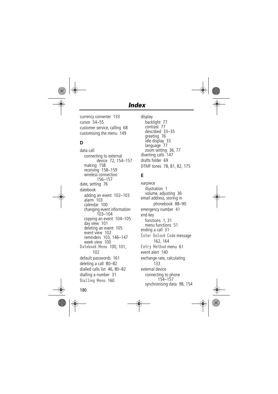 Index | Motorola TimePort 280 User Manual | Page 180 / 188