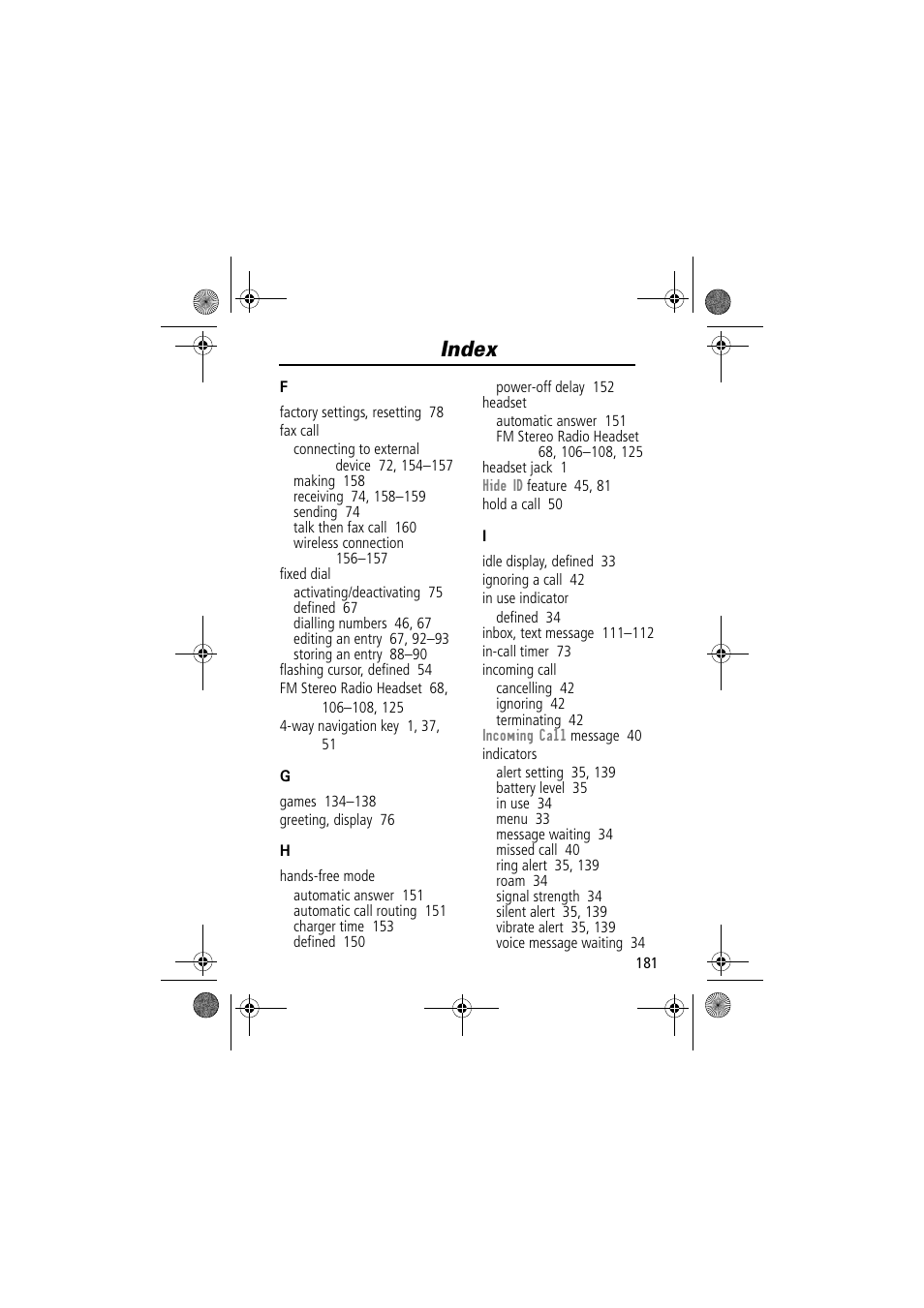 Index | Motorola TimePort 280 User Manual | Page 181 / 188