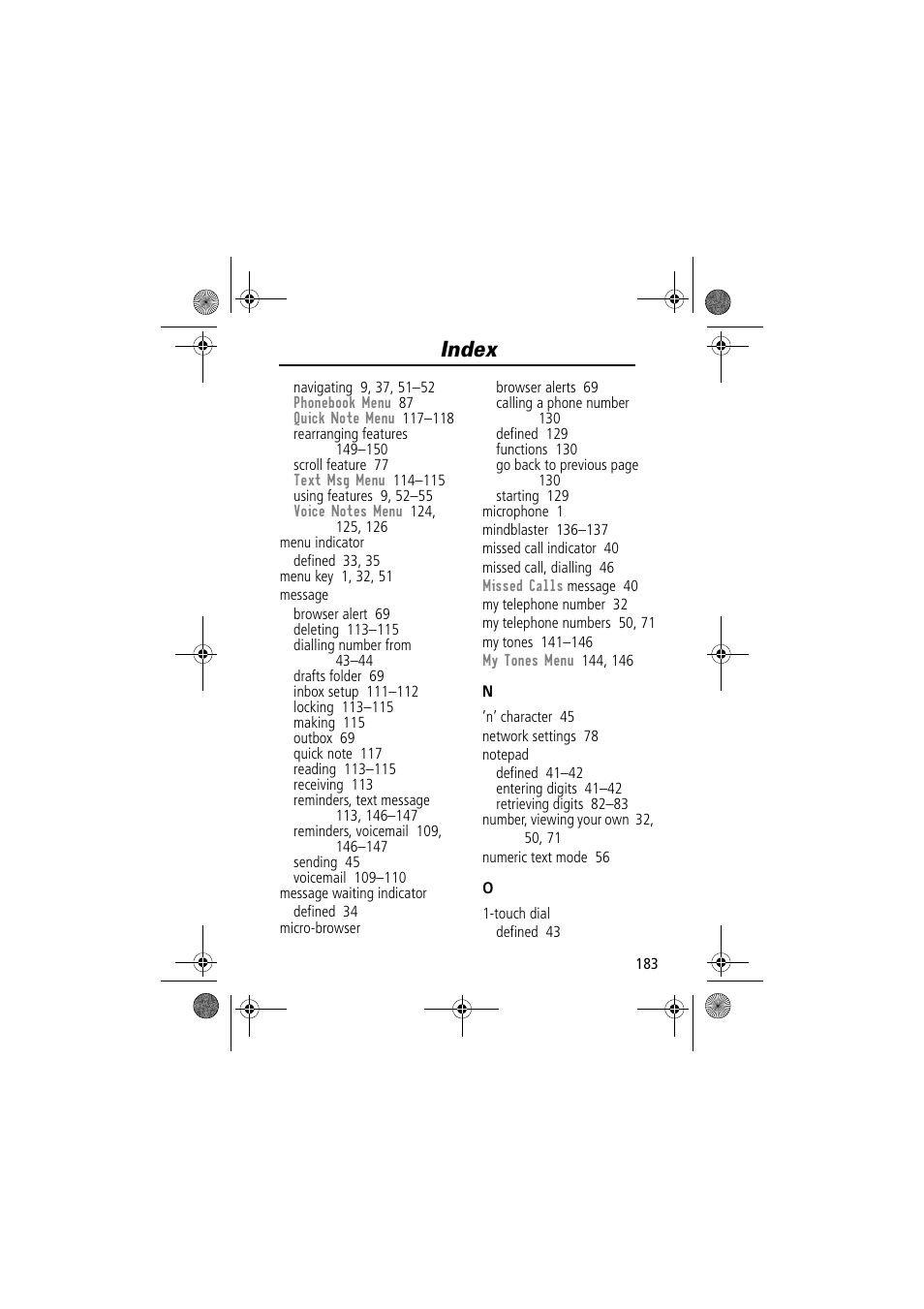 Index | Motorola TimePort 280 User Manual | Page 183 / 188