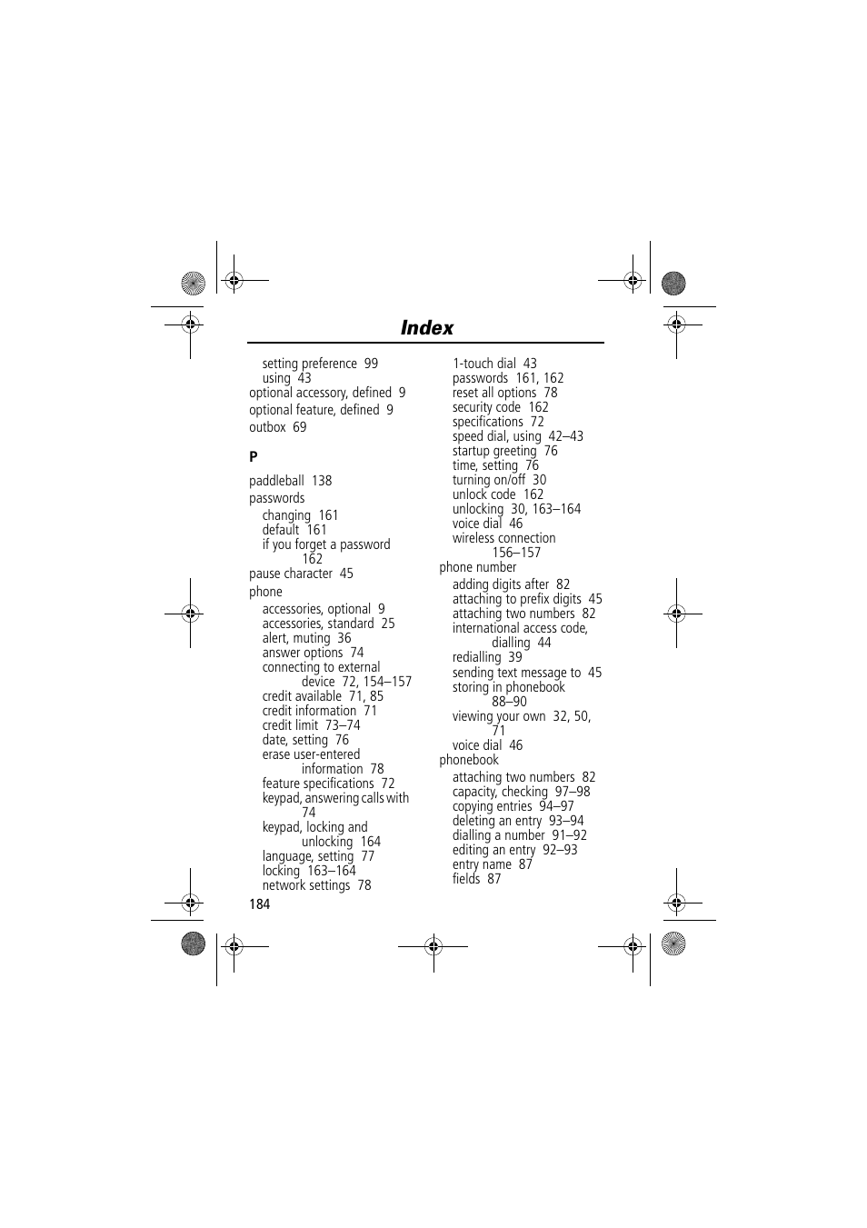 Index | Motorola TimePort 280 User Manual | Page 184 / 188