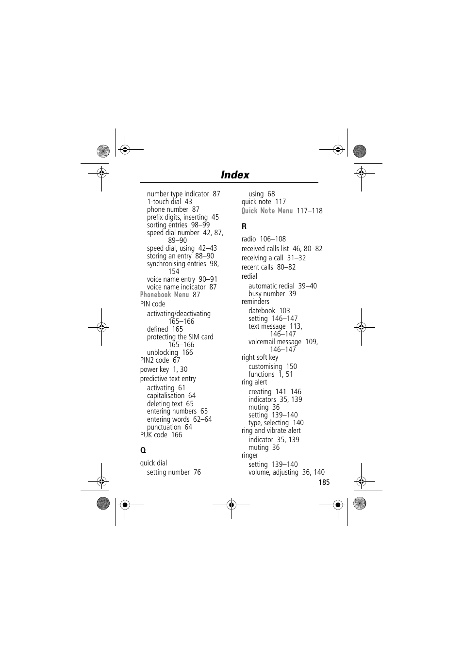 Index | Motorola TimePort 280 User Manual | Page 185 / 188