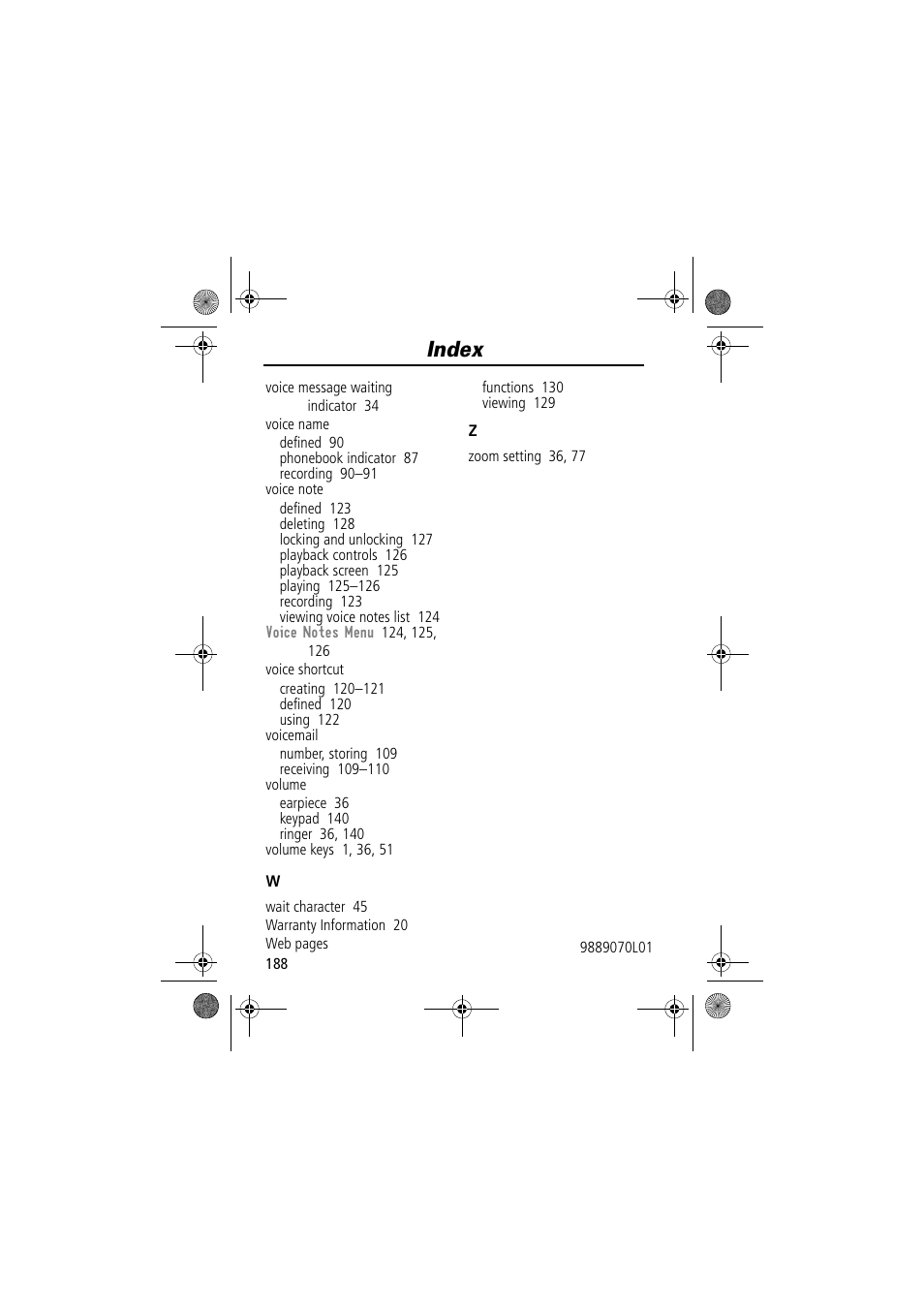 Index | Motorola TimePort 280 User Manual | Page 188 / 188