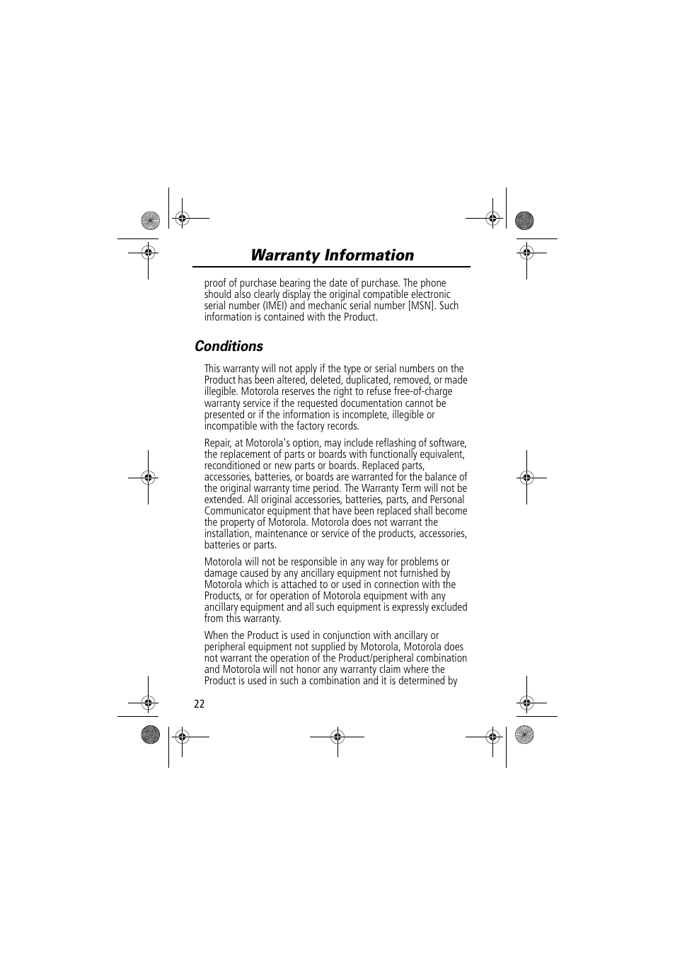 Warranty information, Conditions | Motorola TimePort 280 User Manual | Page 22 / 188