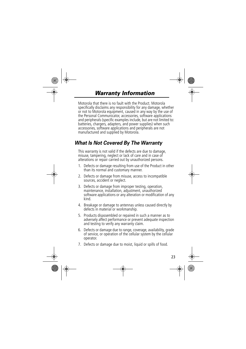 Warranty information, What is not covered by the warranty | Motorola TimePort 280 User Manual | Page 23 / 188