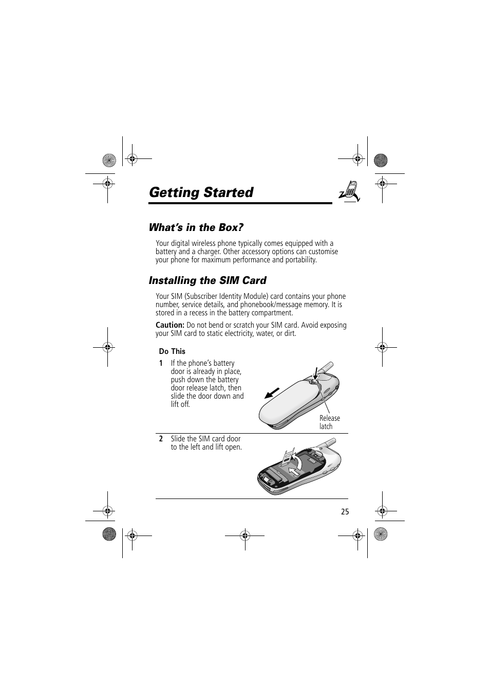 Getting started, What’s in the box, Installing the sim card | Motorola TimePort 280 User Manual | Page 25 / 188