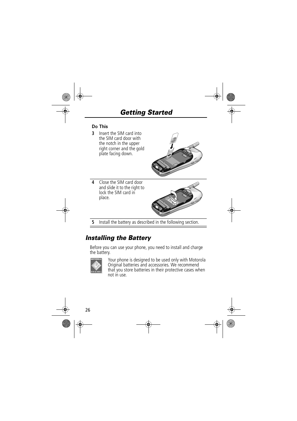 Getting started, Installing the battery | Motorola TimePort 280 User Manual | Page 26 / 188