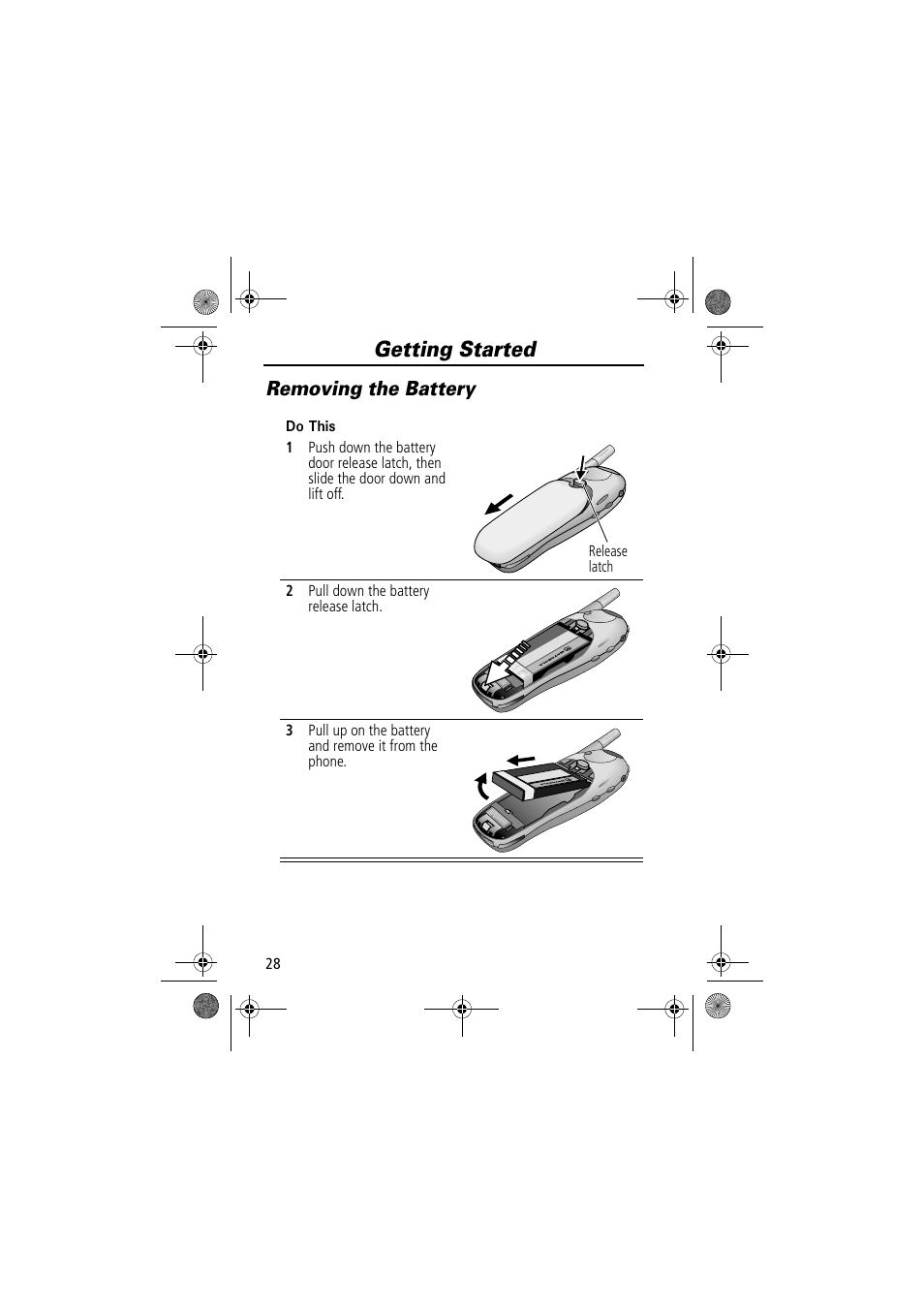 Getting started, Removing the battery | Motorola TimePort 280 User Manual | Page 28 / 188