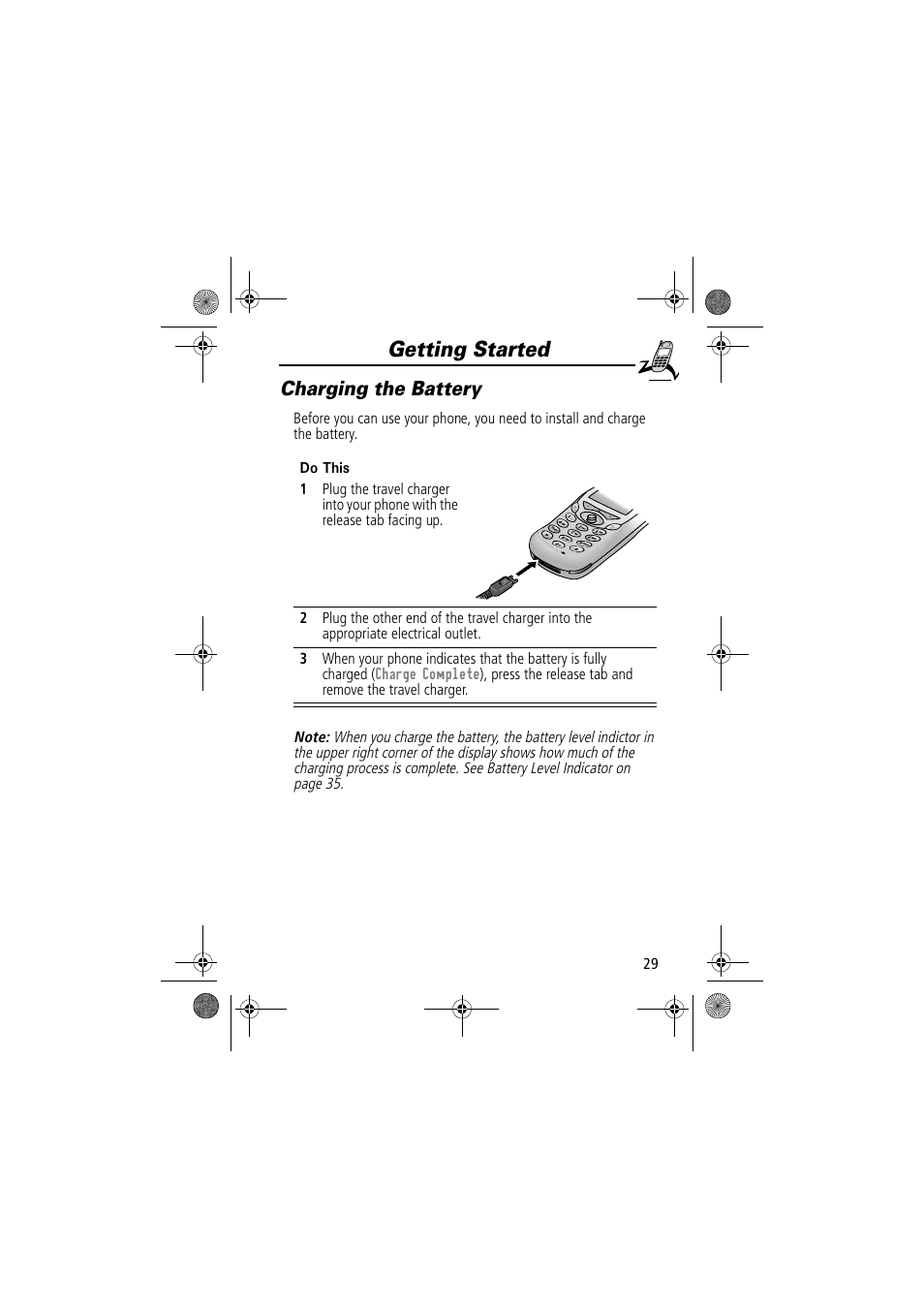 Getting started, Charging the battery | Motorola TimePort 280 User Manual | Page 29 / 188