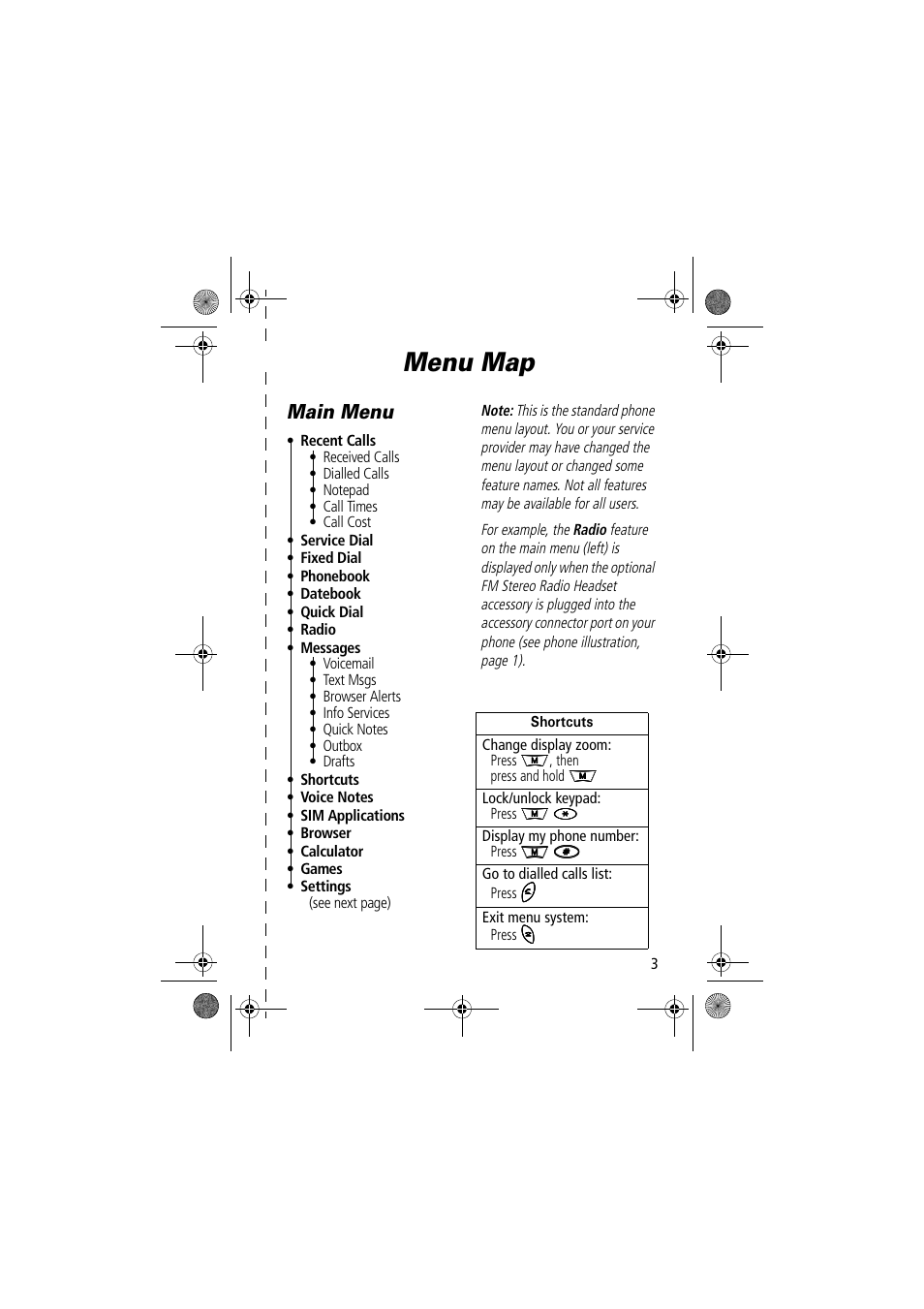 Menu map, Main menu | Motorola TimePort 280 User Manual | Page 3 / 188