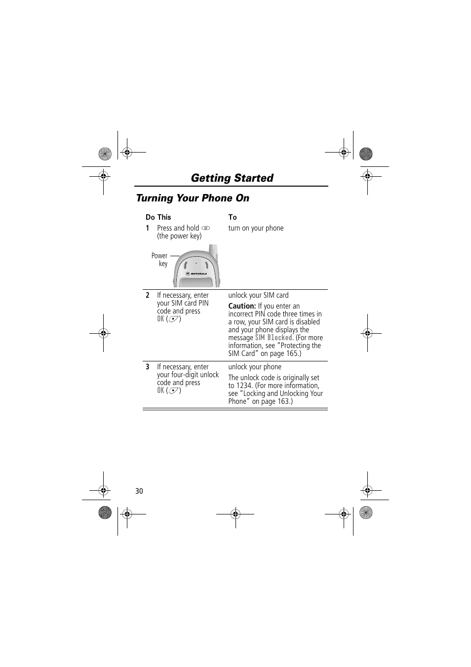 Getting started, Turning your phone on | Motorola TimePort 280 User Manual | Page 30 / 188