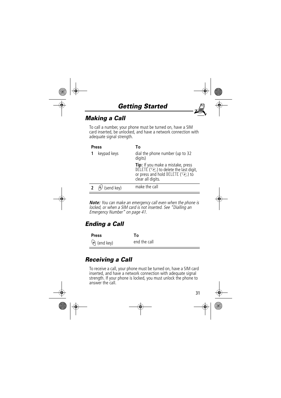 Getting started, Making a call, Ending a call receiving a call | Motorola TimePort 280 User Manual | Page 31 / 188