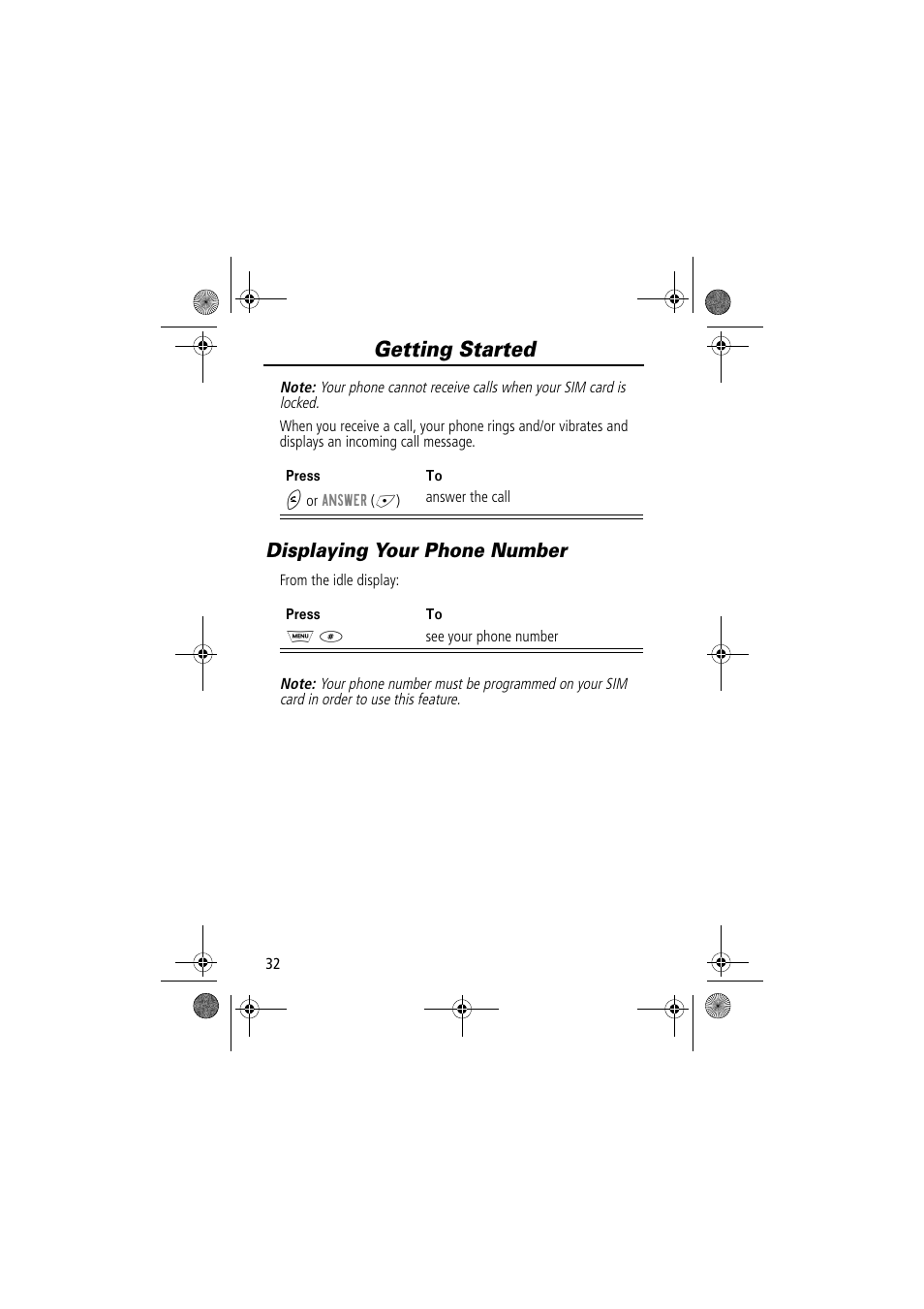 Getting started, Displaying your phone number | Motorola TimePort 280 User Manual | Page 32 / 188
