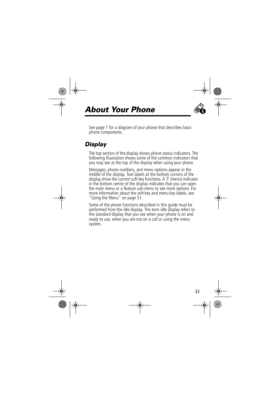 About your phone, Display | Motorola TimePort 280 User Manual | Page 33 / 188