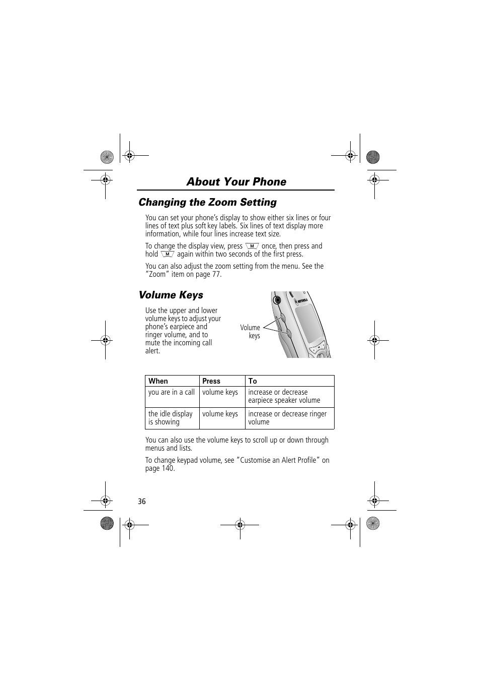 About your phone, Changing the zoom setting, Volume keys | Motorola TimePort 280 User Manual | Page 36 / 188