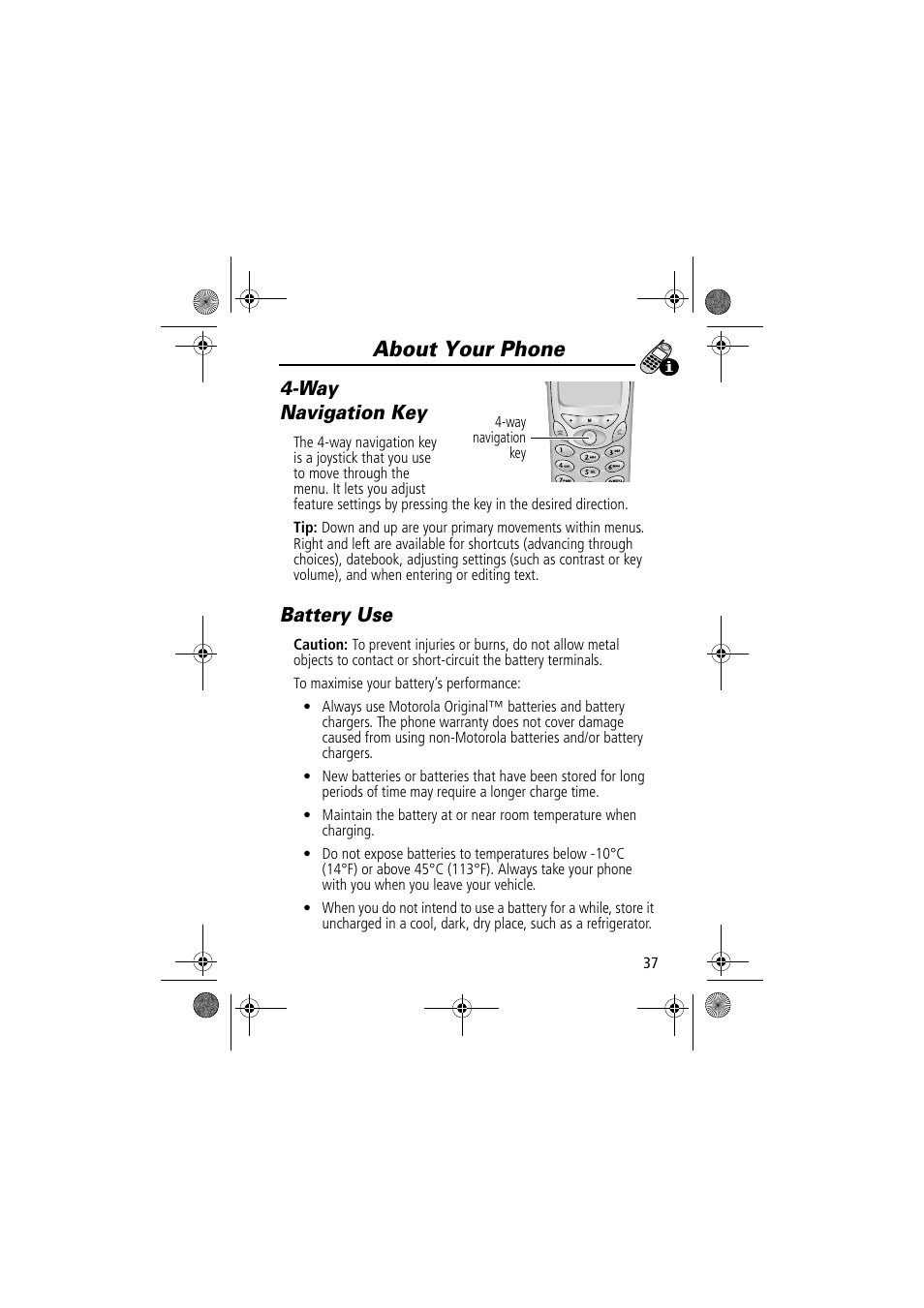 About your phone, Way navigation key, Battery use | Motorola TimePort 280 User Manual | Page 37 / 188