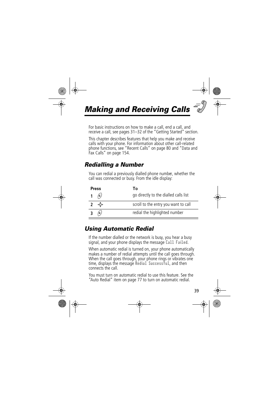 Making and receiving calls, Redialling a number, Using automatic redial | Motorola TimePort 280 User Manual | Page 39 / 188