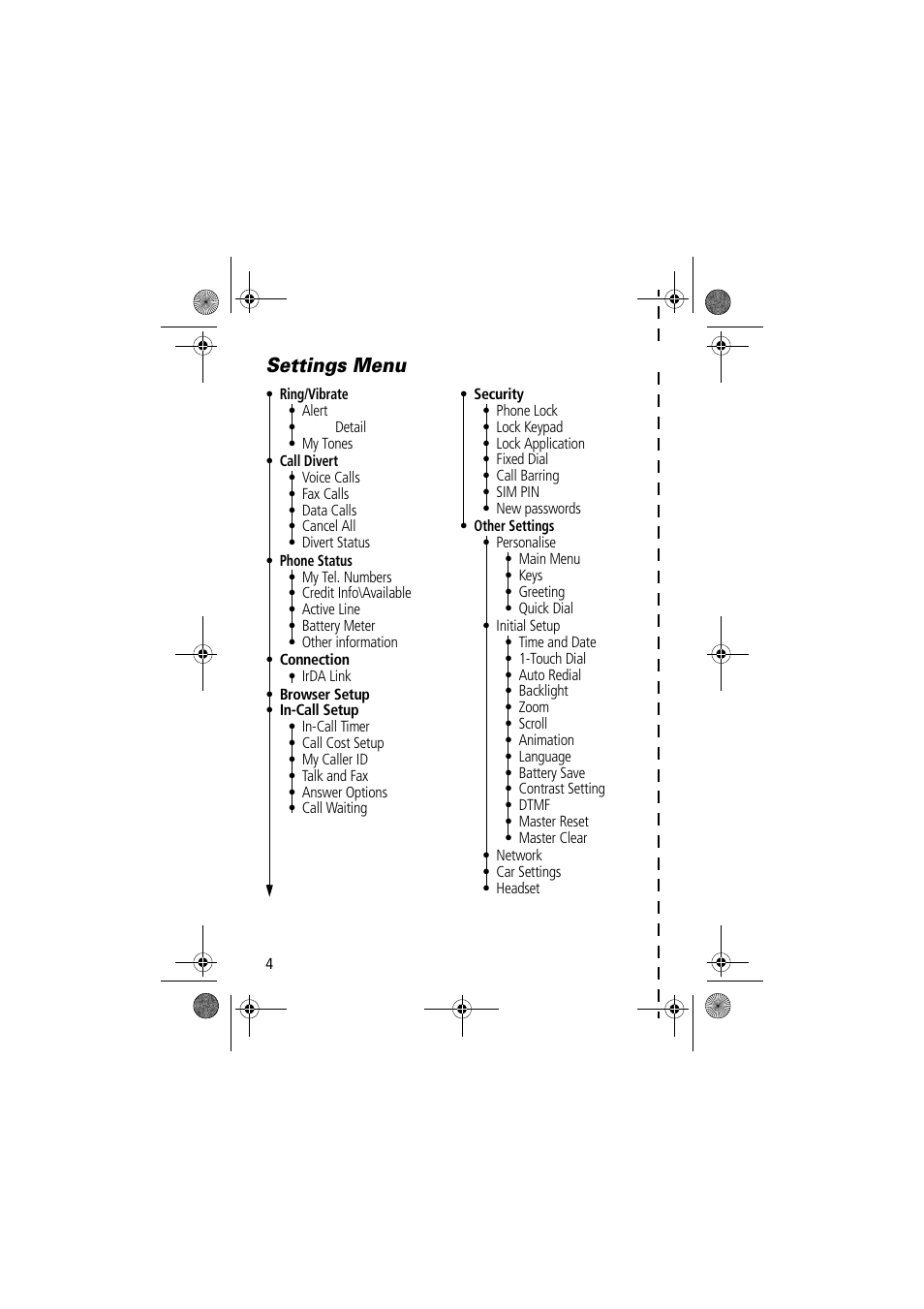 Settings menu | Motorola TimePort 280 User Manual | Page 4 / 188