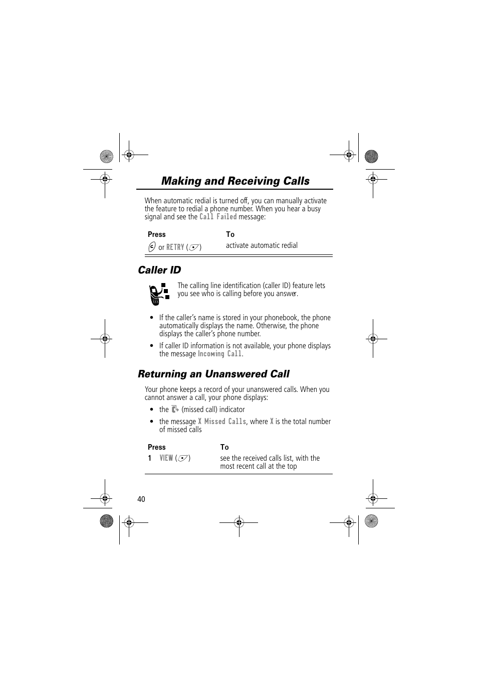 Making and receiving calls, Caller id, Returning an unanswered call | Motorola TimePort 280 User Manual | Page 40 / 188