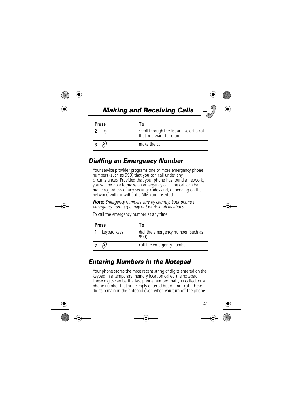 Making and receiving calls, Dialling an emergency number | Motorola TimePort 280 User Manual | Page 41 / 188