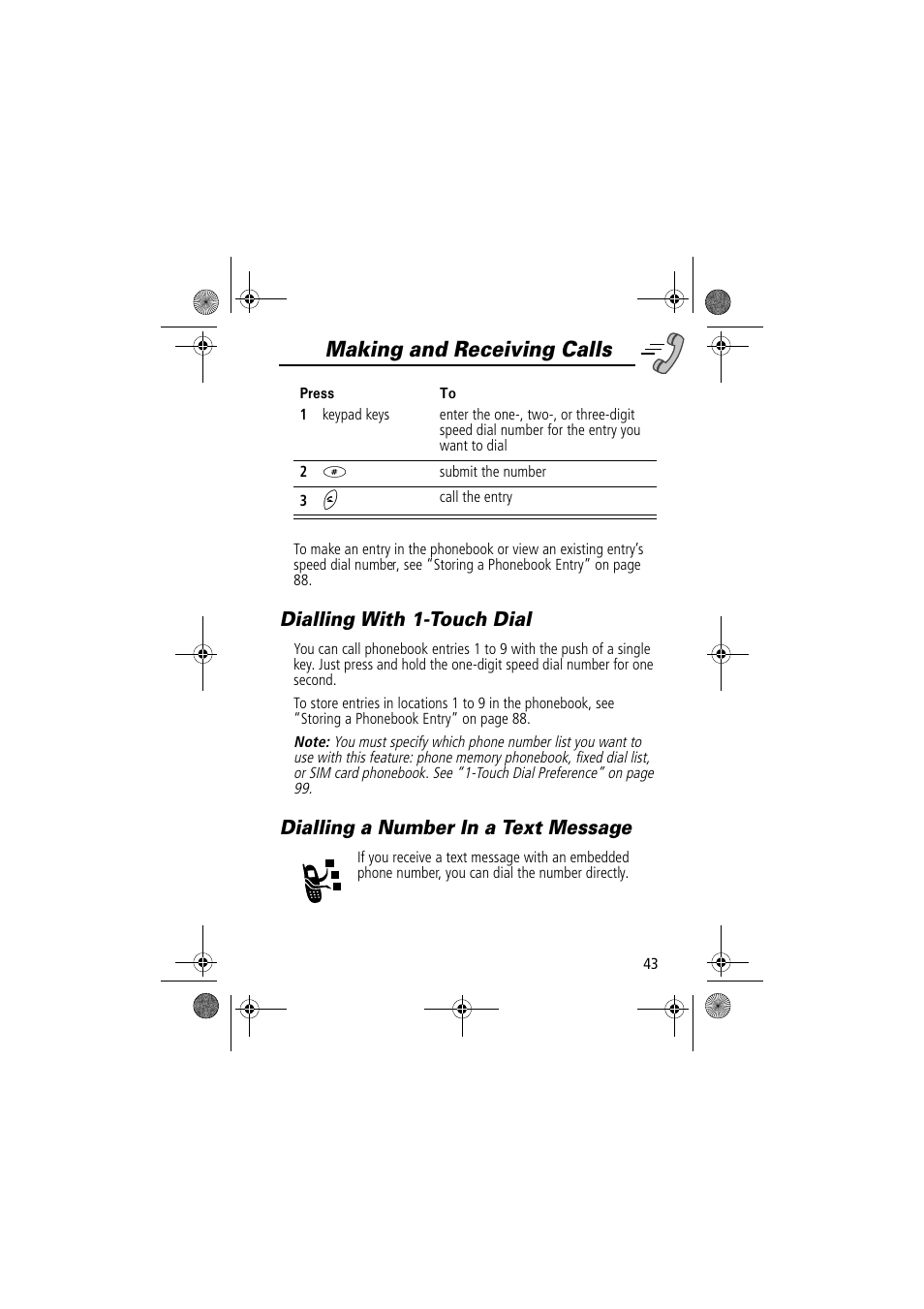 Making and receiving calls, Dialling with 1-touch dial, Dialling a number in a text message | Motorola TimePort 280 User Manual | Page 43 / 188
