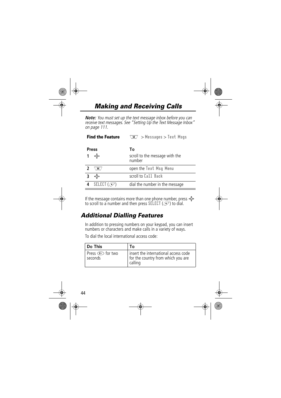 Making and receiving calls, Additional dialling features | Motorola TimePort 280 User Manual | Page 44 / 188