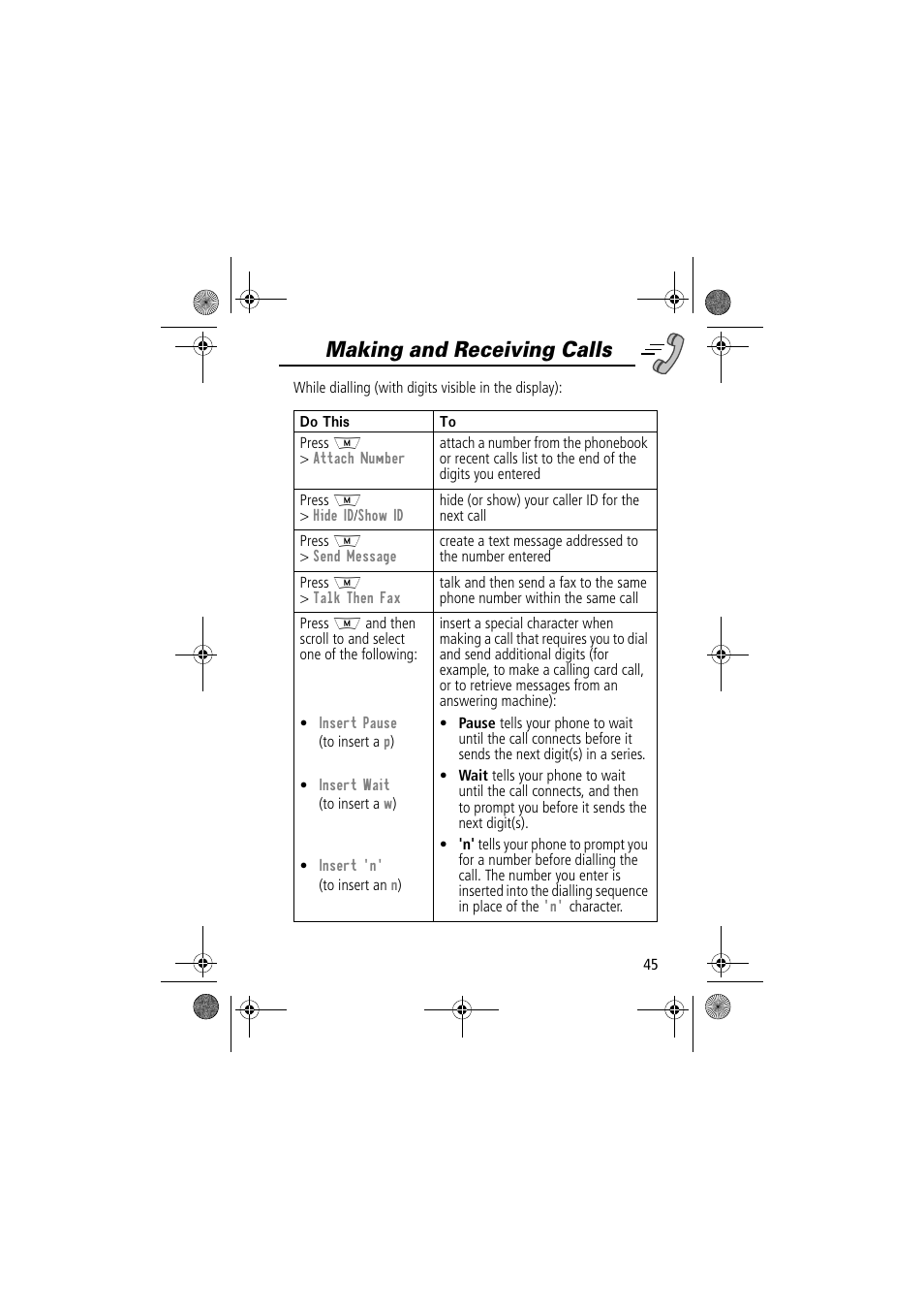Making and receiving calls | Motorola TimePort 280 User Manual | Page 45 / 188
