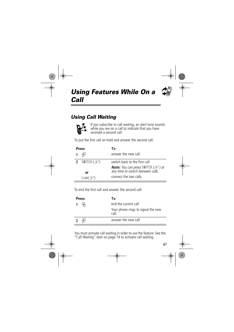 Using features while on a call, Using call waiting | Motorola TimePort 280 User Manual | Page 47 / 188