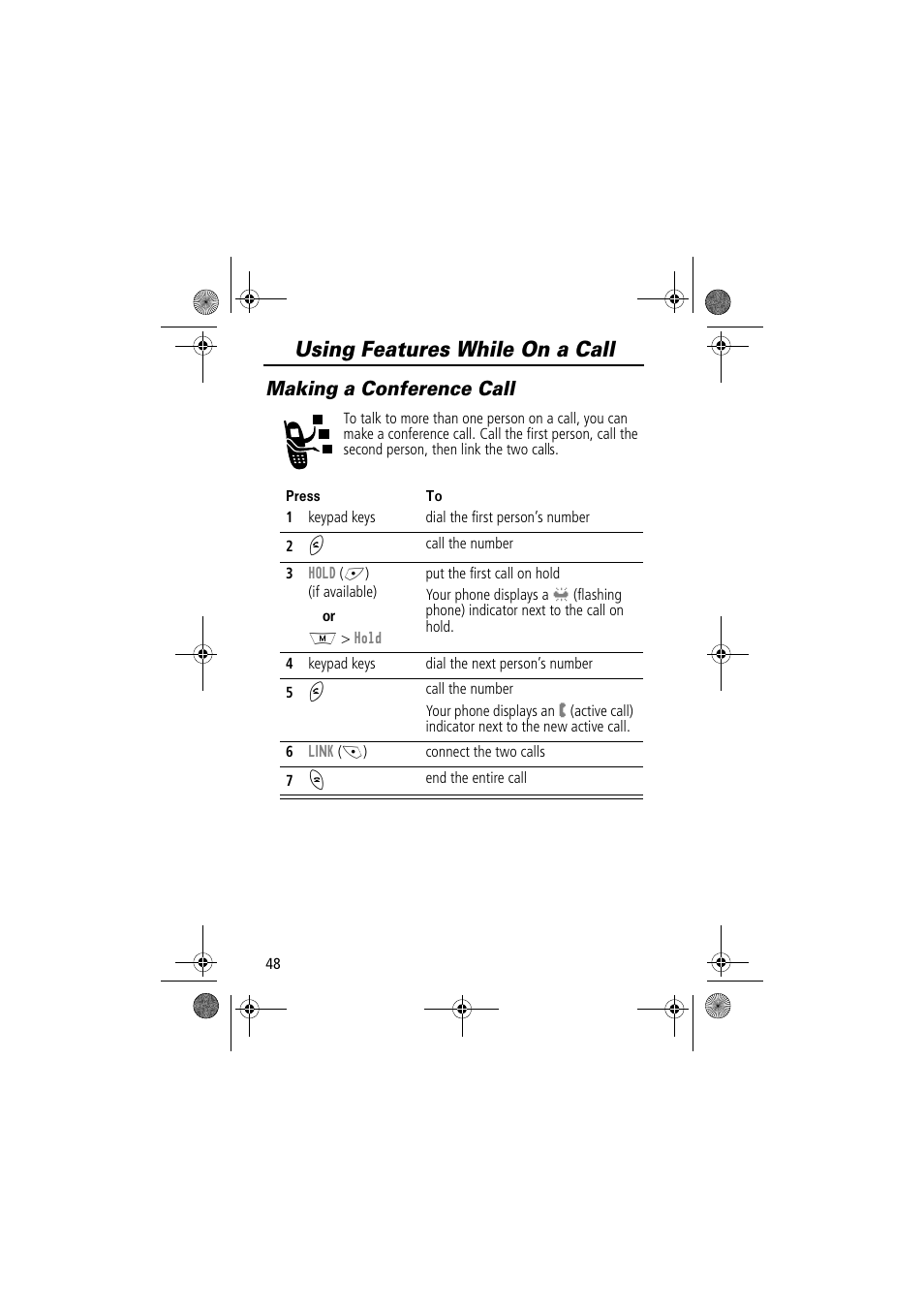 Using features while on a call, Making a conference call | Motorola TimePort 280 User Manual | Page 48 / 188