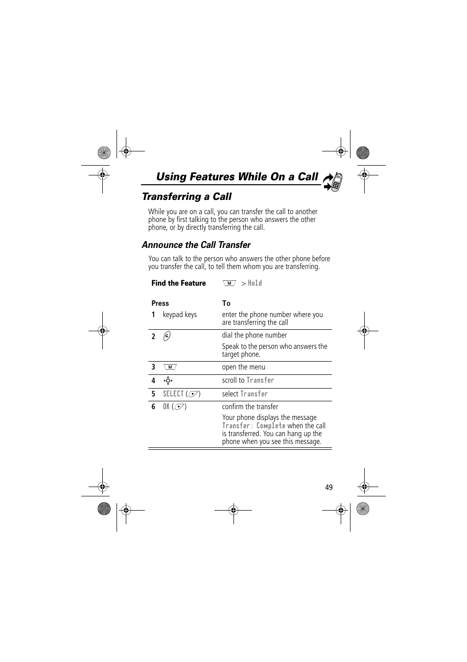 Using features while on a call, Transferring a call, Announce the call transfer | Motorola TimePort 280 User Manual | Page 49 / 188