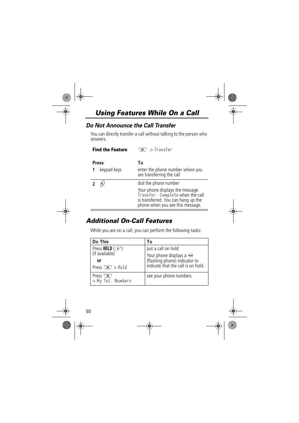 Using features while on a call, Additional on-call features, Do not announce the call transfer | Motorola TimePort 280 User Manual | Page 50 / 188