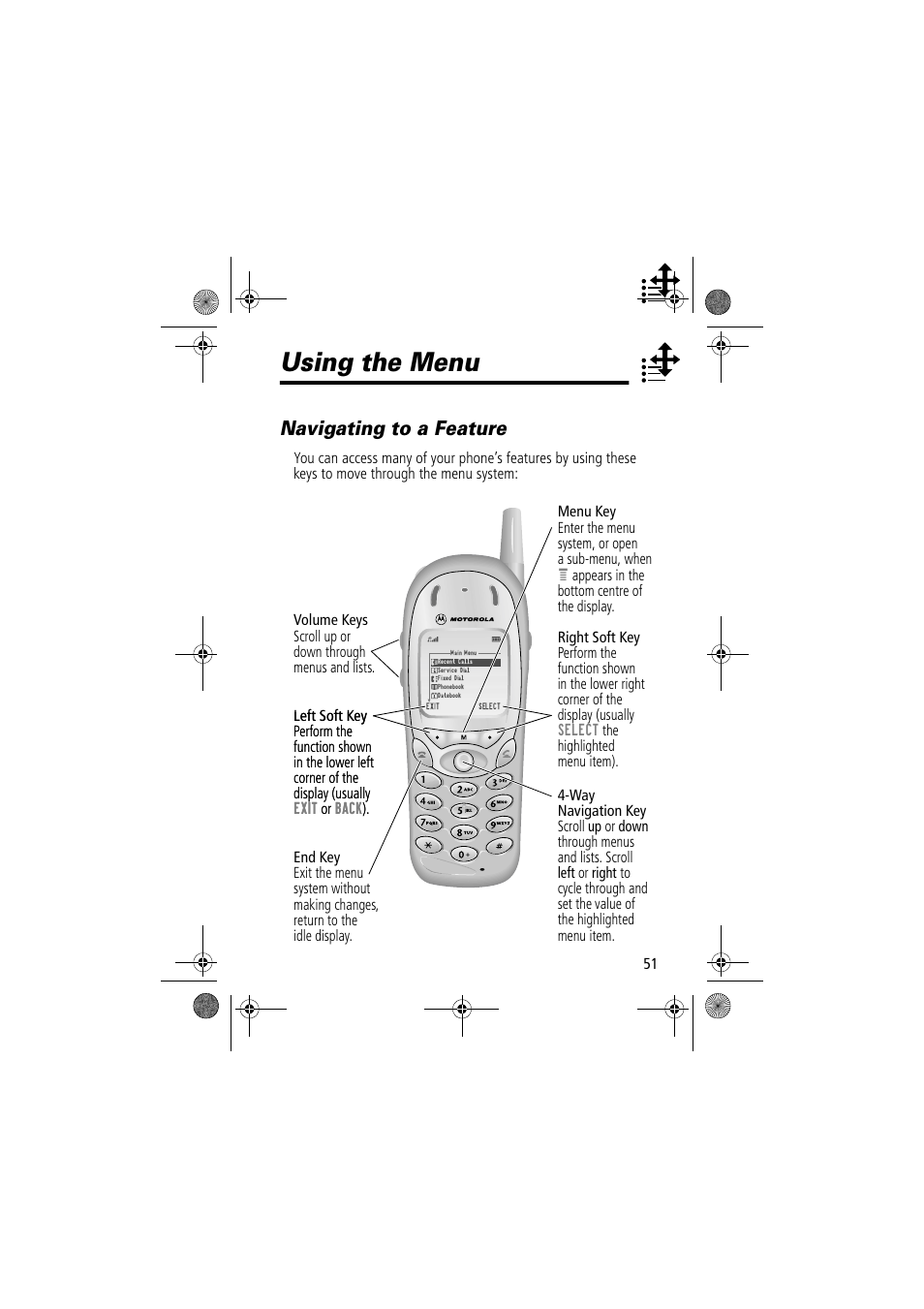 Using the menu, Navigating to a feature | Motorola TimePort 280 User Manual | Page 51 / 188