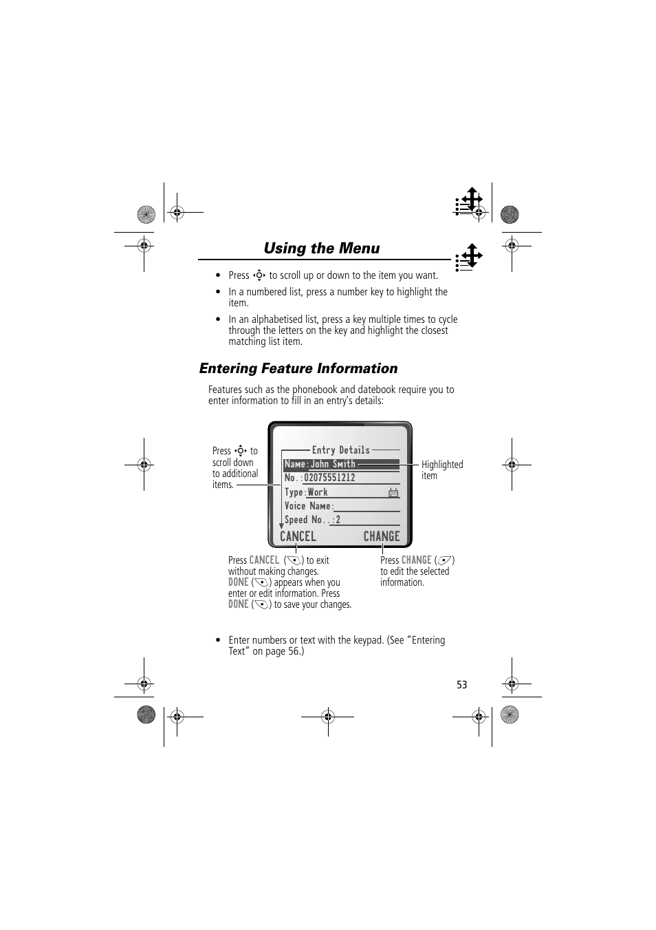 Using the menu, Entering feature information | Motorola TimePort 280 User Manual | Page 53 / 188