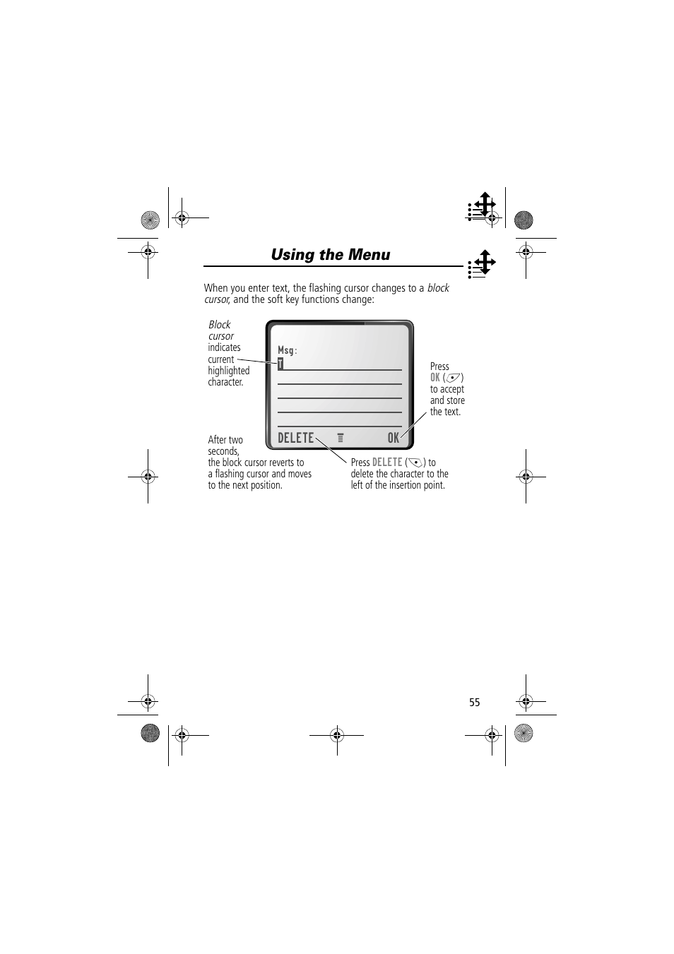 Using the menu | Motorola TimePort 280 User Manual | Page 55 / 188