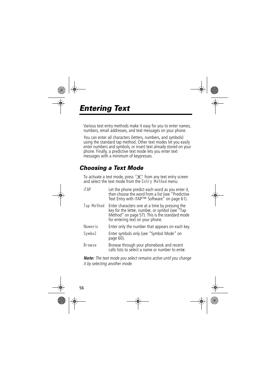 Entering text, Choosing a text mode | Motorola TimePort 280 User Manual | Page 56 / 188