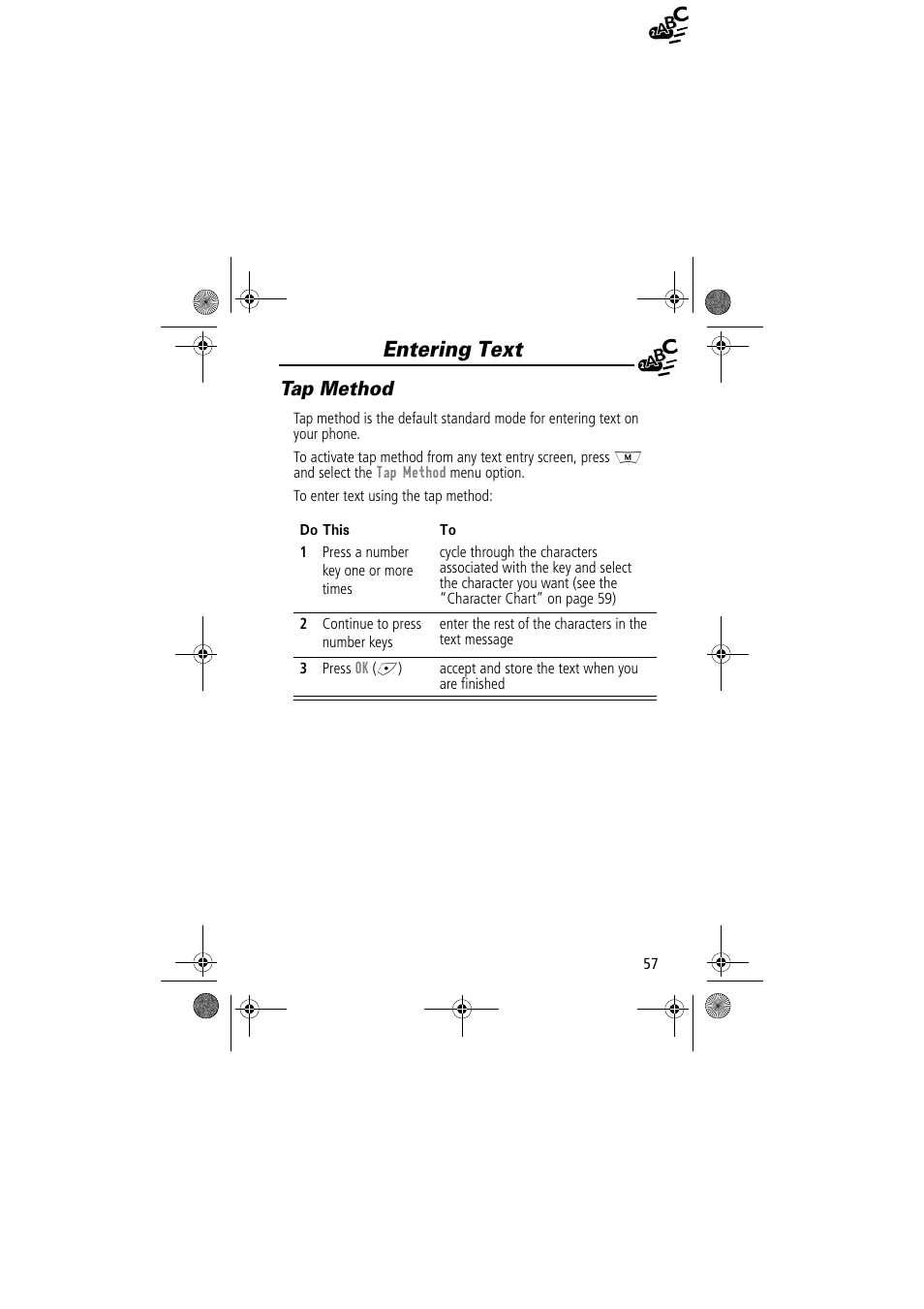 Entering text, Tap method | Motorola TimePort 280 User Manual | Page 57 / 188