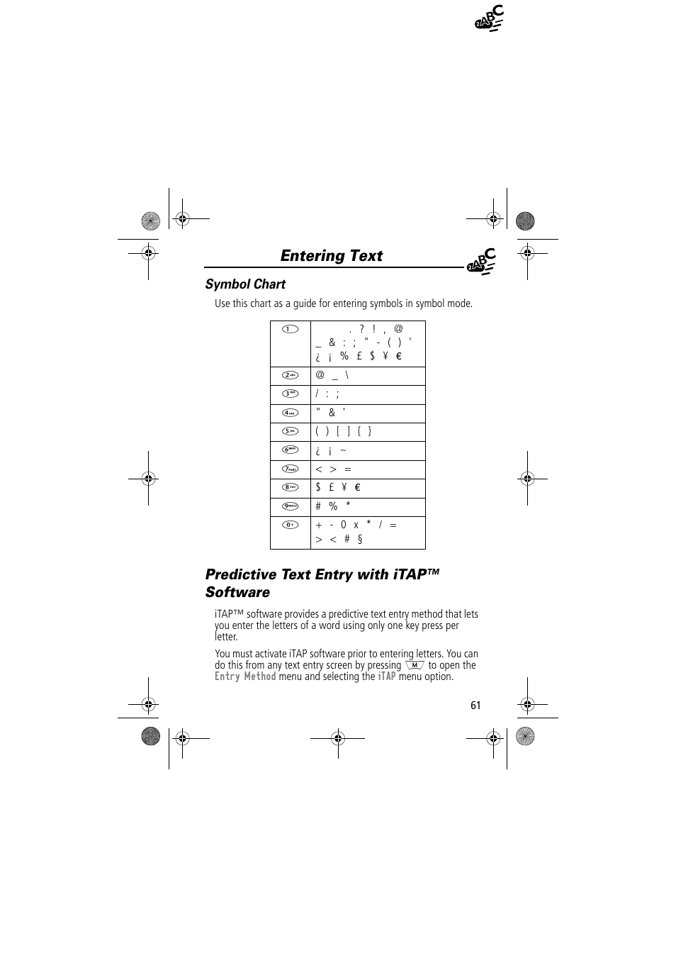 Entering text, Predictive text entry with itap™ software, Symbol chart | Motorola TimePort 280 User Manual | Page 61 / 188