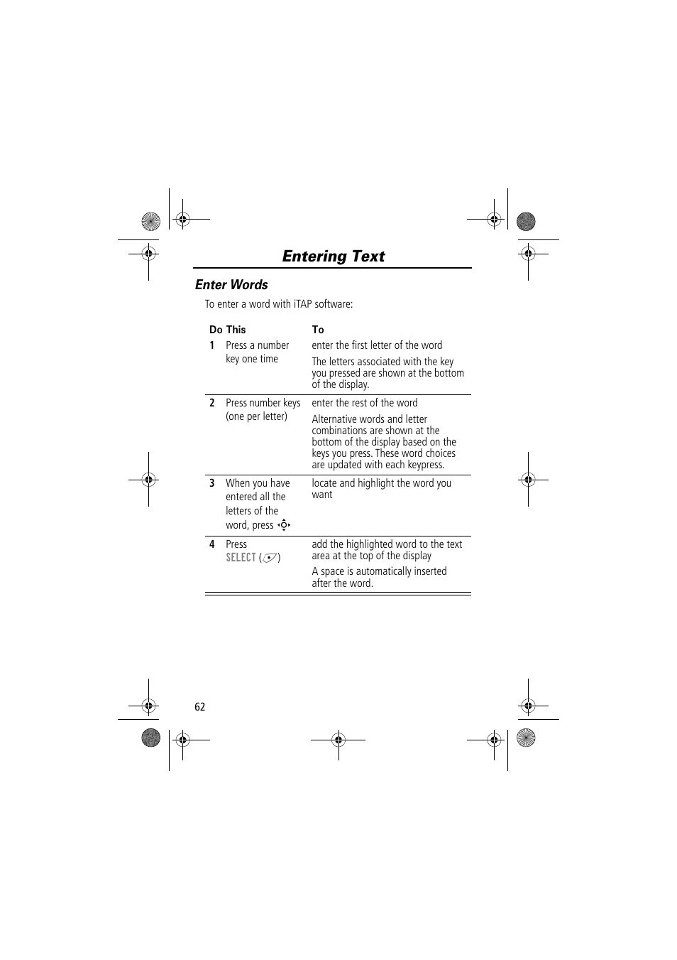 Entering text, Enter words | Motorola TimePort 280 User Manual | Page 62 / 188