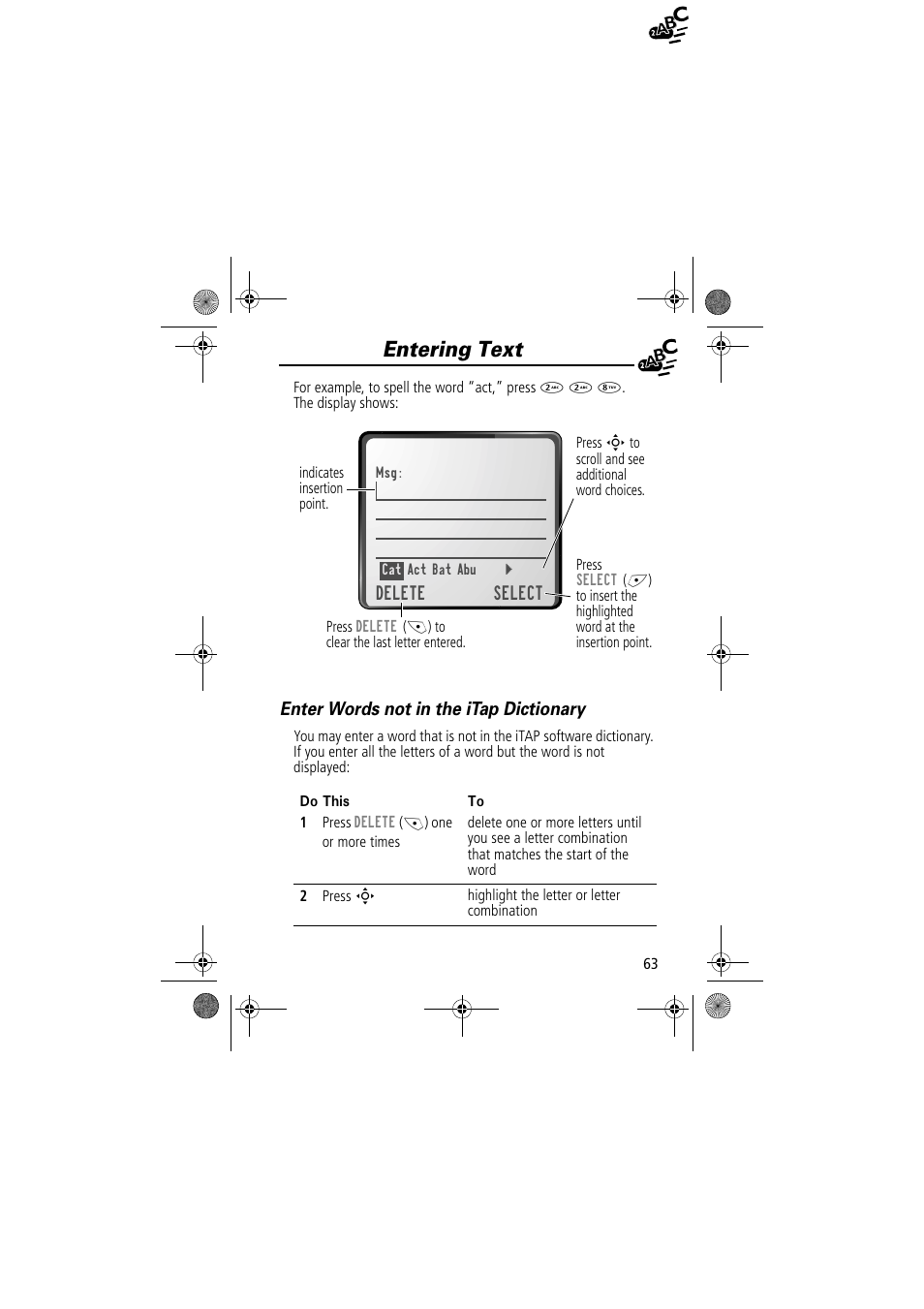 Entering text, Enter words not in the itap dictionary | Motorola TimePort 280 User Manual | Page 63 / 188